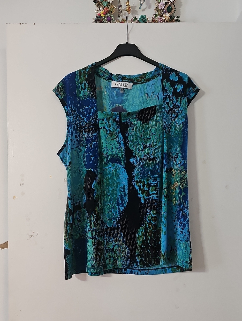 Kasper Women's Teal & Navy Abstract Cap-Sleeve Top